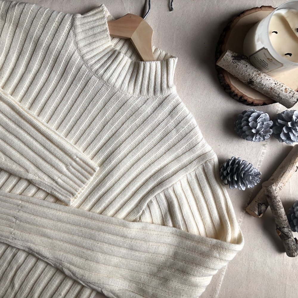 Cream Ribbed Mockneck Sweater | 1990s Neutral Knit